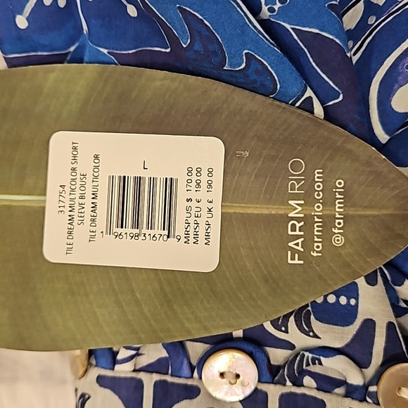 💕FARM RIO💕 Blue Tile Dream Short Sleeve Blouse ~ Floral Large L NWT *DAMAGED* - Picture 15 of 16